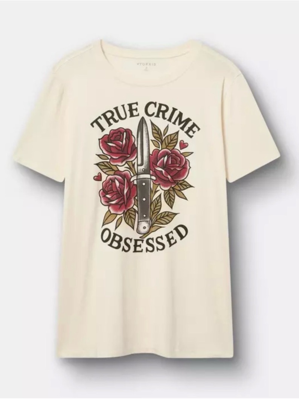 torrid Cream Graphic Tee with Red Rose and Knife Design